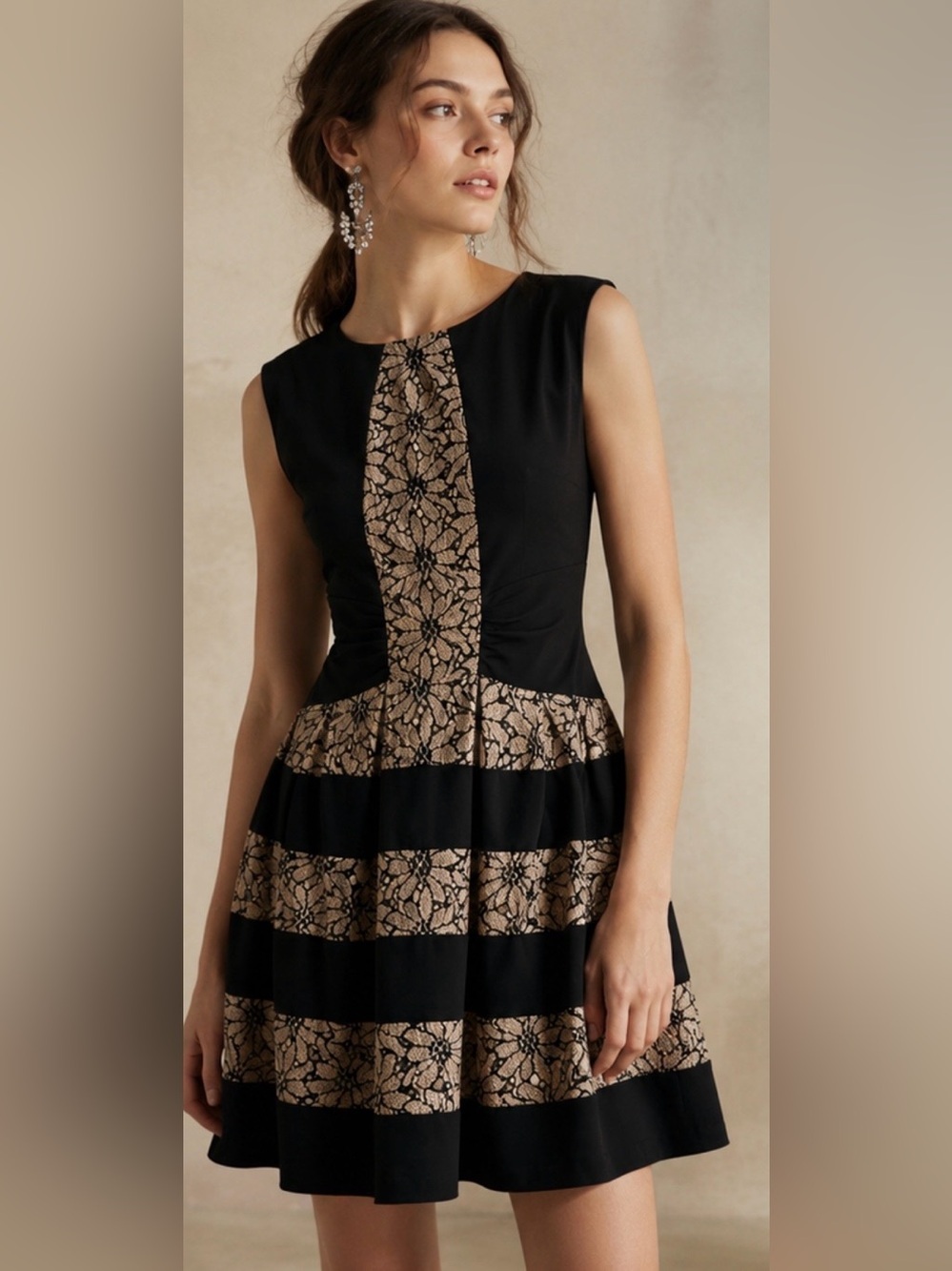 Anthropologie Eva Franco Strata Lace Fit & Flare Dress Black Nude Size 4